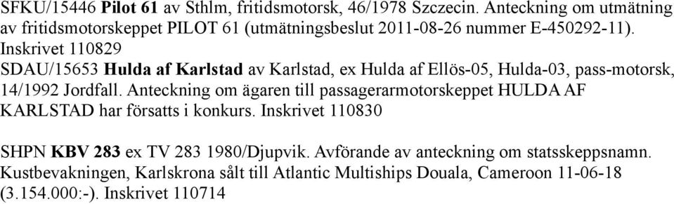 Inskrivet 110829 SDAU/15653 Hulda af Karlstad av Karlstad, ex Hulda af Ellös-05, Hulda-03, pass-motorsk, 14/1992 Jordfall.