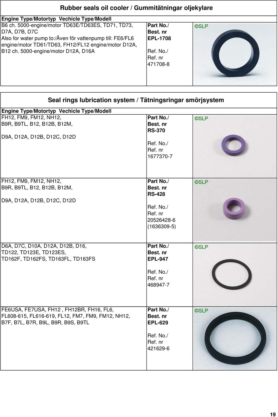 5000-engine/motor D12A, D16A EPL-1708 471708-8 Seal rings lubrication system / Tätningsringar smörjsystem FH12, FM9, FM12, NH12, B9R, B9TL, B12, B12B, B12M, D9A, D12A, D12B, D12C, D12D RS-370