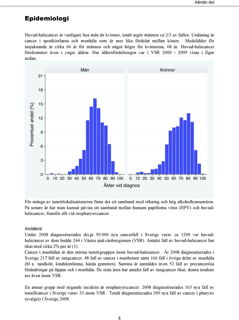 Hur åldersfördelningen var i VSR 2000-2009 visas i figur nedan. För många av tumörlokalisationerna finns det ett samband med rökning och hög alkoholkonsumtion.