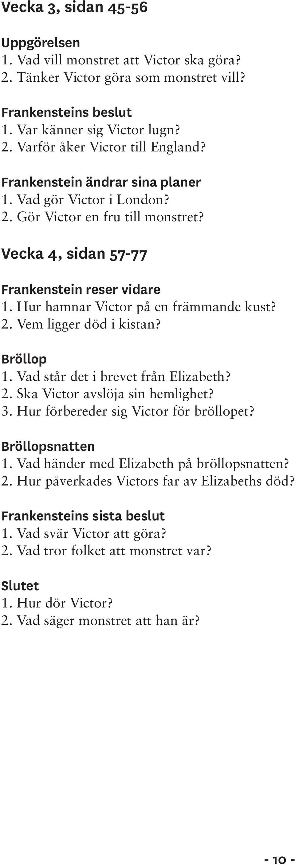 Bröllop 1. Vad står det i brevet från Elizabeth? 2. Ska Victor avslöja sin hemlighet? 3. Hur förbereder sig Victor för bröllopet? Bröllopsnatten 1. Vad händer med Elizabeth på bröllopsnatten? 2. Hur påverkades Victors far av Elizabeths död?