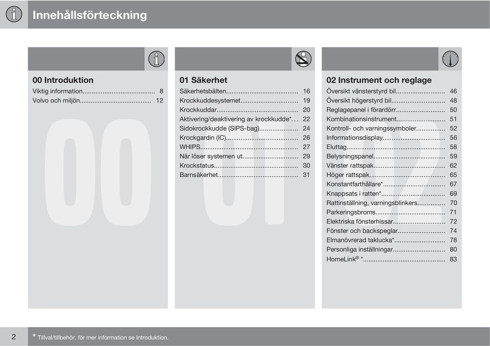 .. 24 Kontroll- och varningssymboler... 52 Krockgardin (IC)... 26 Informationsdisplay... 56 WHIPS... 27 Eluttag... 58 När löser systemen ut... 29 Belysningspanel... 59 Krockstatus.