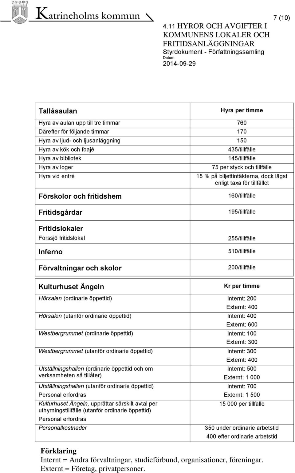 fritidslokal Inferno Förvaltningar och skolor 160/tillfälle 195/tillfälle 255/tillfälle 510/tillfälle 200/tillfälle Kulturhuset Ängeln Kr per timme Hörsalen (ordinarie öppettid) Internt: 200 Externt: