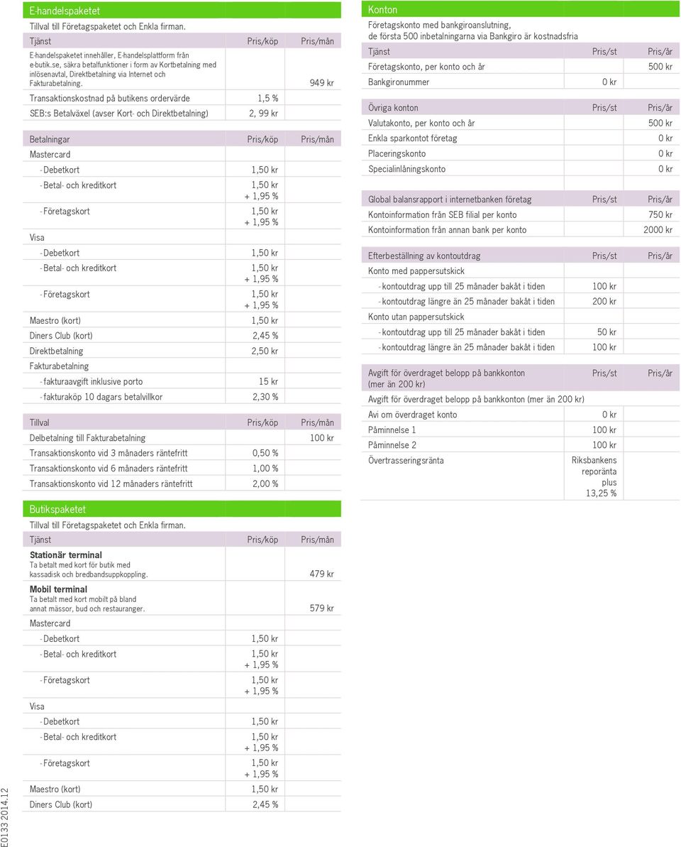 Transaktionskostnad på butikens ordervärde 1,5 % SEB:s Betalväxel (avser Kort- och Direktbetalning) 2, 99 kr 949 kr Betalningar Pris/köp Pris/mån Mastercard Visa - Debetkort 1,5 - Betal- och