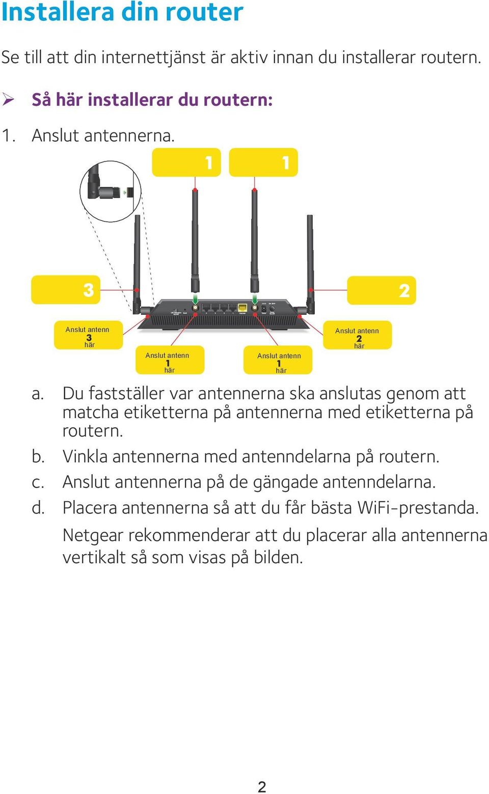 Du fastställer var antennerna ska anslutas genom att matcha etiketterna på antennerna med etiketterna på routern. b.