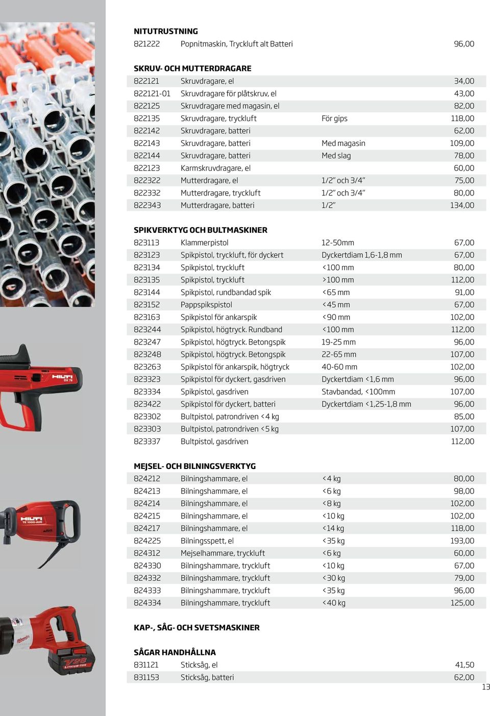 Karmskruvdragare, el 60,00 822322 Mutterdragare, el 1/2 och 3/4 75,00 822332 Mutterdragare, tryckluft 1/2 och 3/4 80,00 822343 Mutterdragare, batteri 1/2 134,00 SPIKVERKTYG OCH BULTMASKINER 823113