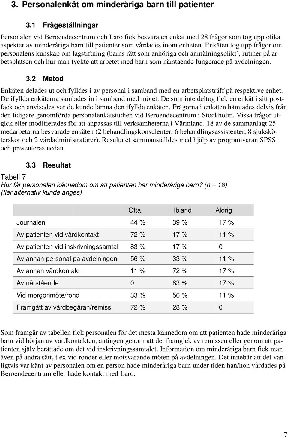 Enkäten tog upp frågor om personalens kunskap om lagstiftning (barns rätt som anhöriga och anmälningsplikt), rutiner på arbetsplatsen och hur man tyckte att arbetet med barn som närstående fungerade