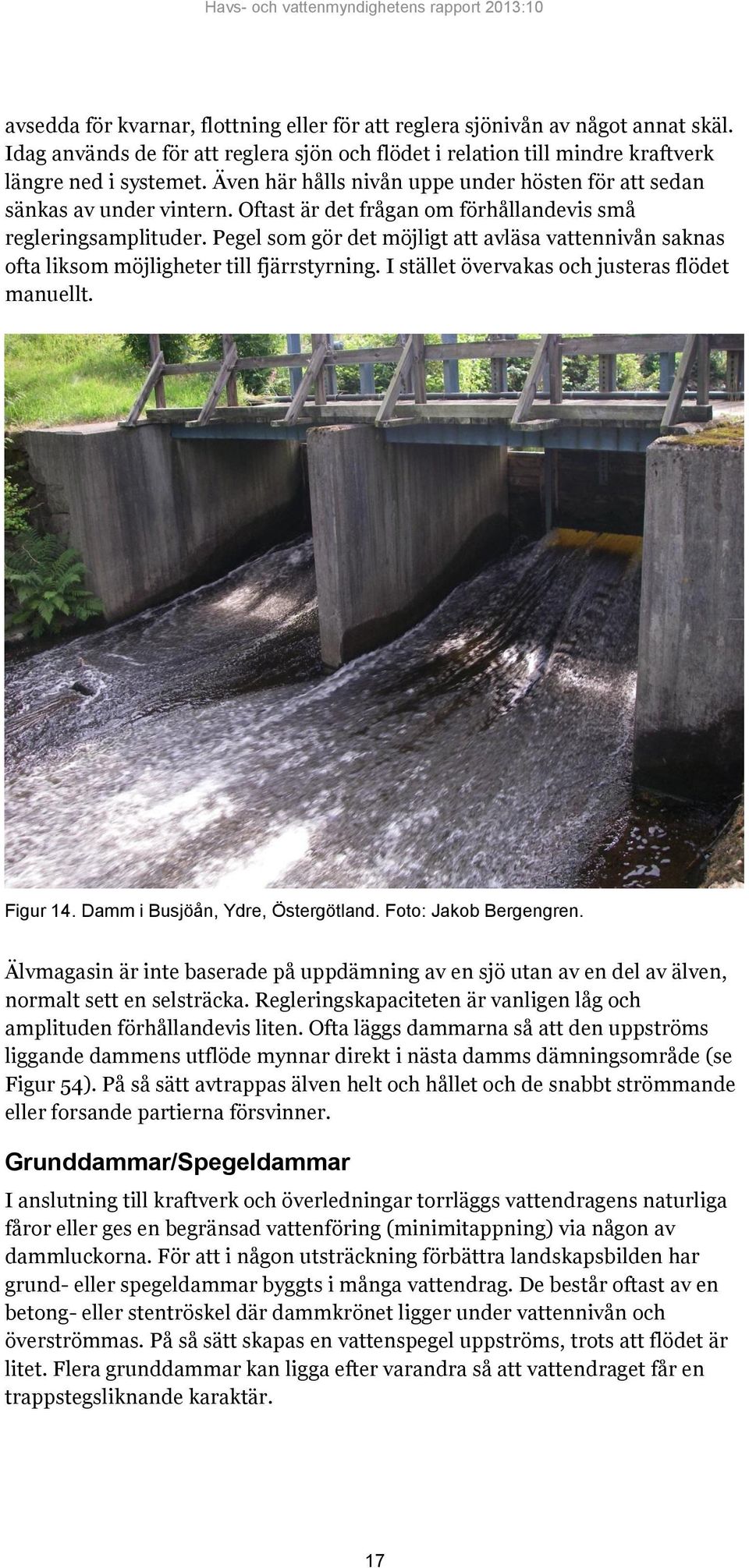 Pegel som gör det möjligt att avläsa vattennivån saknas ofta liksom möjligheter till fjärrstyrning. I stället övervakas och justeras flödet manuellt. Figur 14. Damm i Busjöån, Ydre, Östergötland.