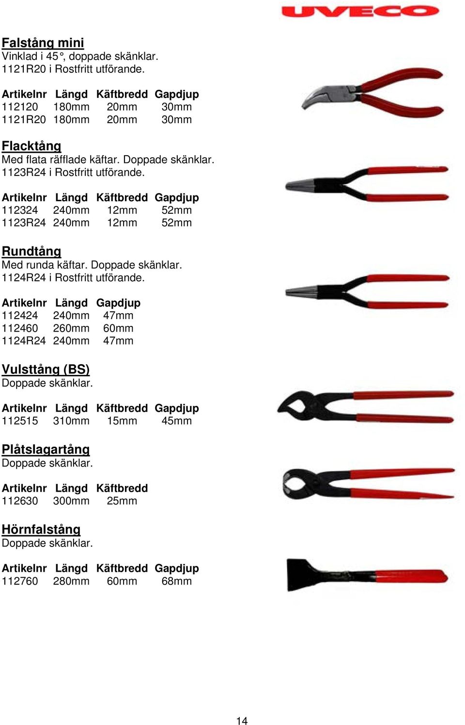 Artikelnr Längd Käftbredd Gapdjup 112324 240mm 12mm 52mm 1123R24 240mm 12mm 52mm Rundtång Med runda käftar. Doppade skänklar. 1124R24 i Rostfritt utförande.