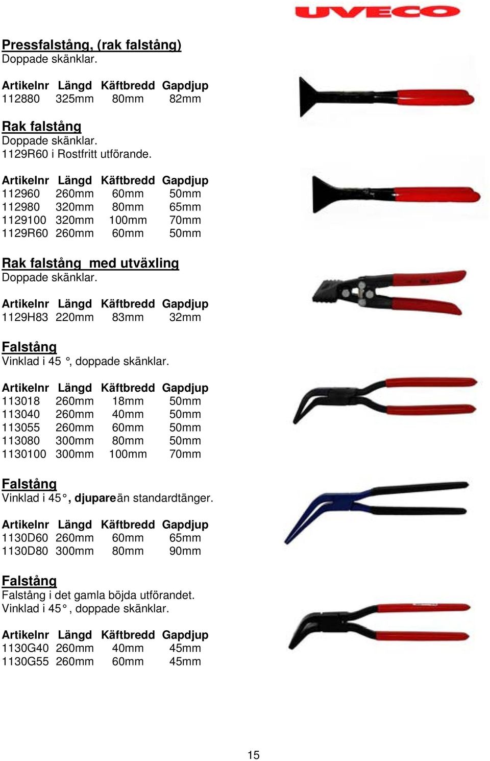 Artikelnr Längd Käftbredd Gapdjup 1129H83 220mm 83mm 32mm Falstång Vinklad i 45, doppade skänklar.