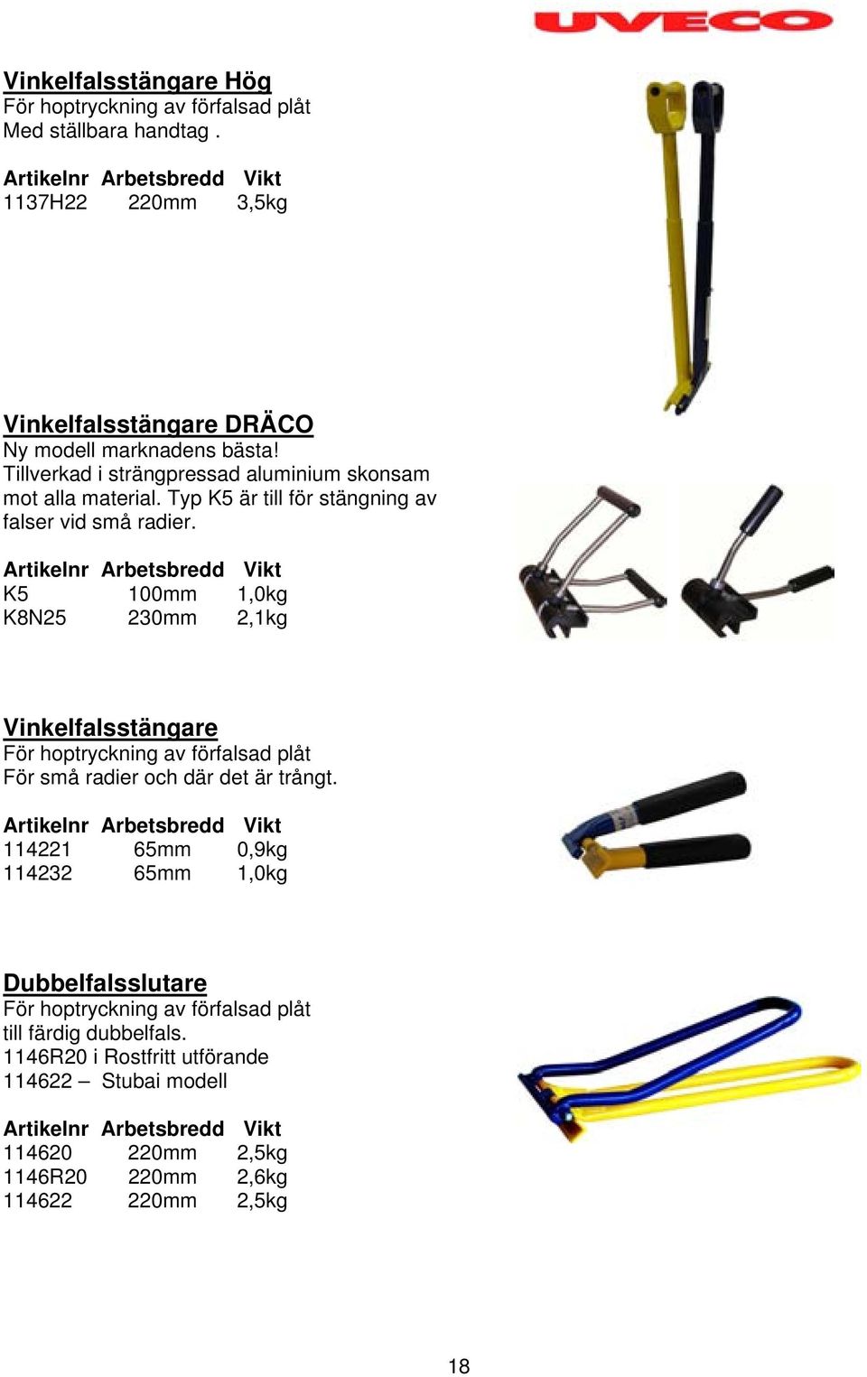Artikelnr Arbetsbredd Vikt K5 100mm 1,0kg K8N25 230mm 2,1kg Vinkelfalsstängare För hoptryckning av förfalsad plåt För små radier och där det är trångt.