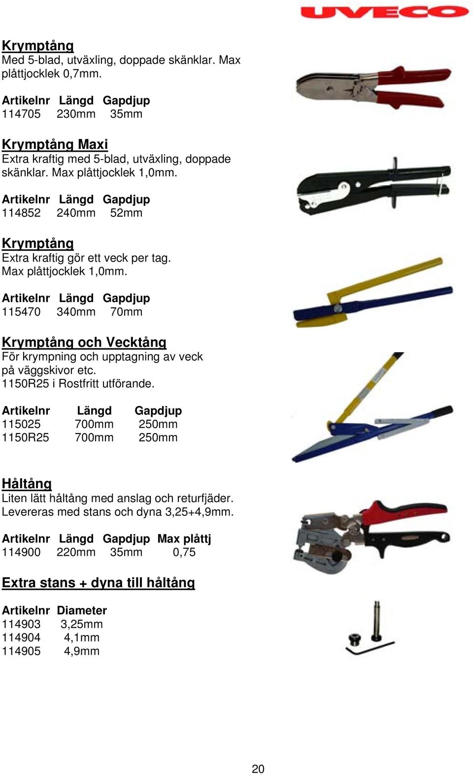 Artikelnr Längd Gapdjup 115470 340mm 70mm Krymptång och Vecktång För krympning och upptagning av veck på väggskivor etc. 1150R25 i Rostfritt utförande.