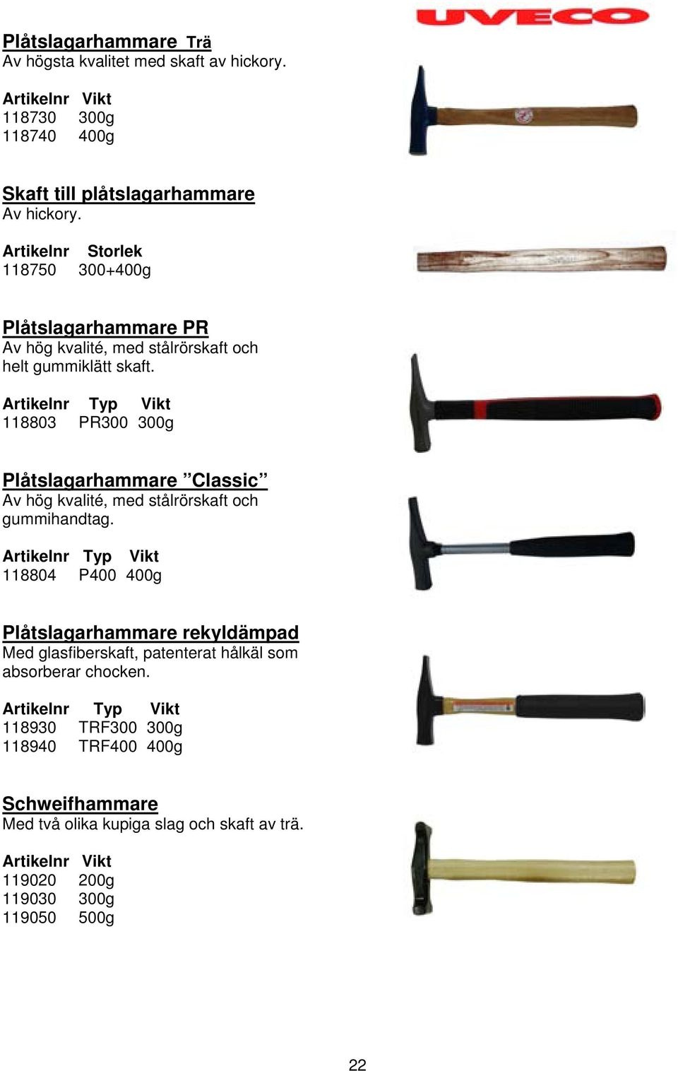 Artikelnr Typ Vikt 118803 PR300 300g Plåtslagarhammare Classic Av hög kvalité, med stålrörskaft och gummihandtag.