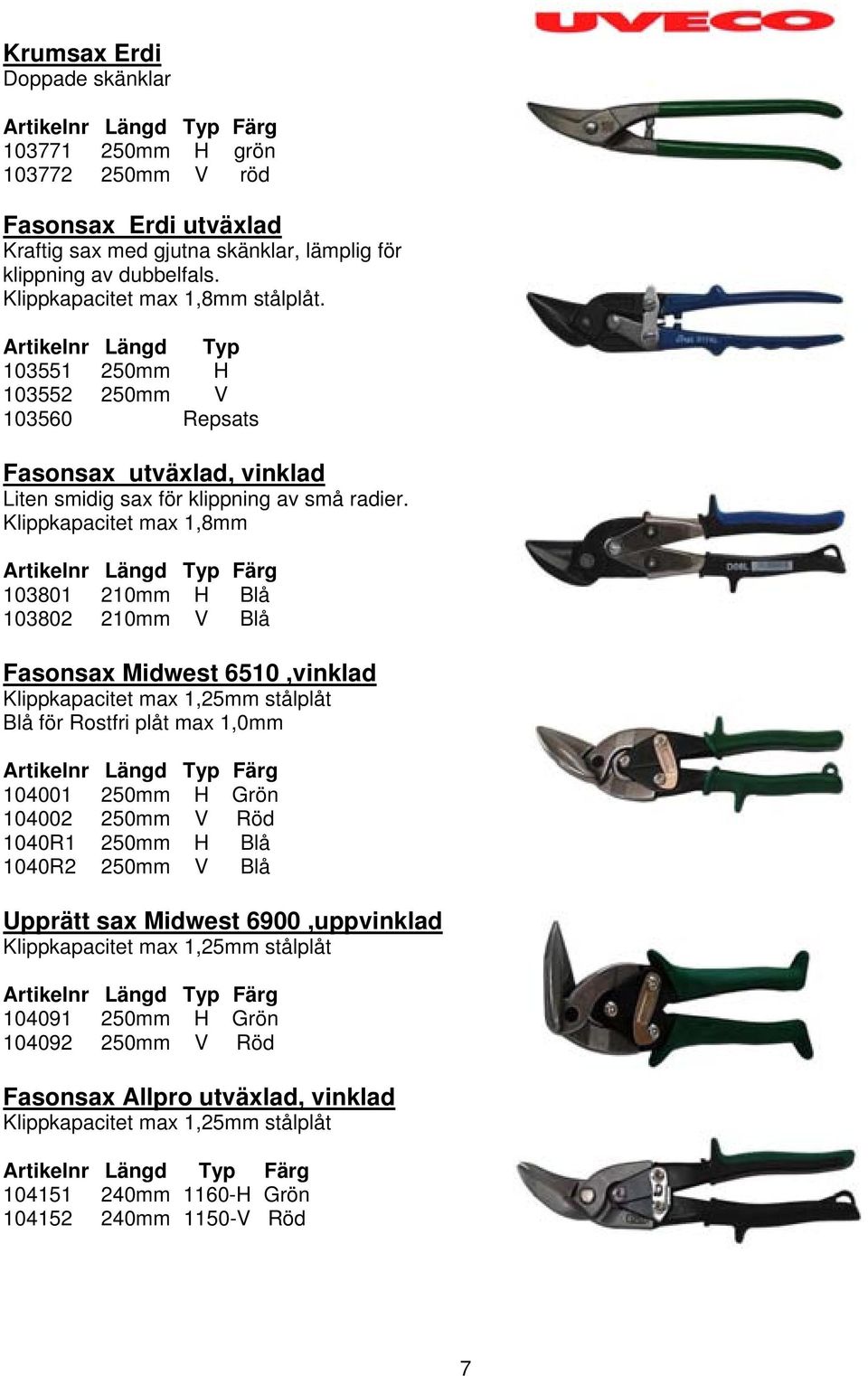 Klippkapacitet max 1,8mm Artikelnr Längd Typ Färg 103801 210mm H Blå 103802 210mm V Blå Fasonsax Midwest 6510,vinklad Klippkapacitet max 1,25mm stålplåt Blå för Rostfri plåt max 1,0mm Artikelnr Längd
