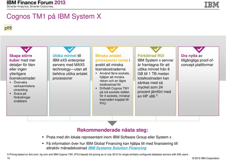 minska risken och en lägre totalkostnad för Driftsätt Cognos TM1 på två sockets istället för 4 sockets, minskar kostnaden kopplat till PVU Förbättrad ROI IBM System x servrar är framtagna för att