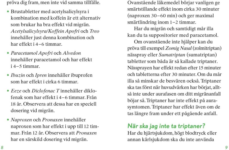 Ibuzin och Ipren innehåller ibuprofen som har effekt i cirka 6 timmar. Eeze och Diclofenac T innehåller diklofenak som har effekt i 4 6 timmar. Från 18 år.