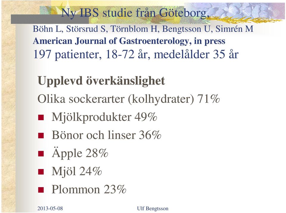 18-72 år, medelålder 35 år Upplevd överkänslighet Olika sockerarter