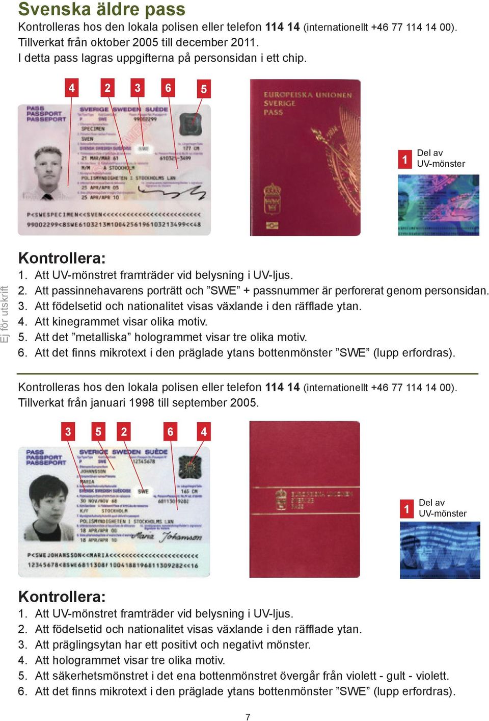 . Att passinnehavarens porträtt och SWE + passnummer är perforerat genom personsidan. 3. Att födelsetid och nationalitet visas växlande i den räfflade ytan. 4. Att kinegrammet visar olika motiv. 5.