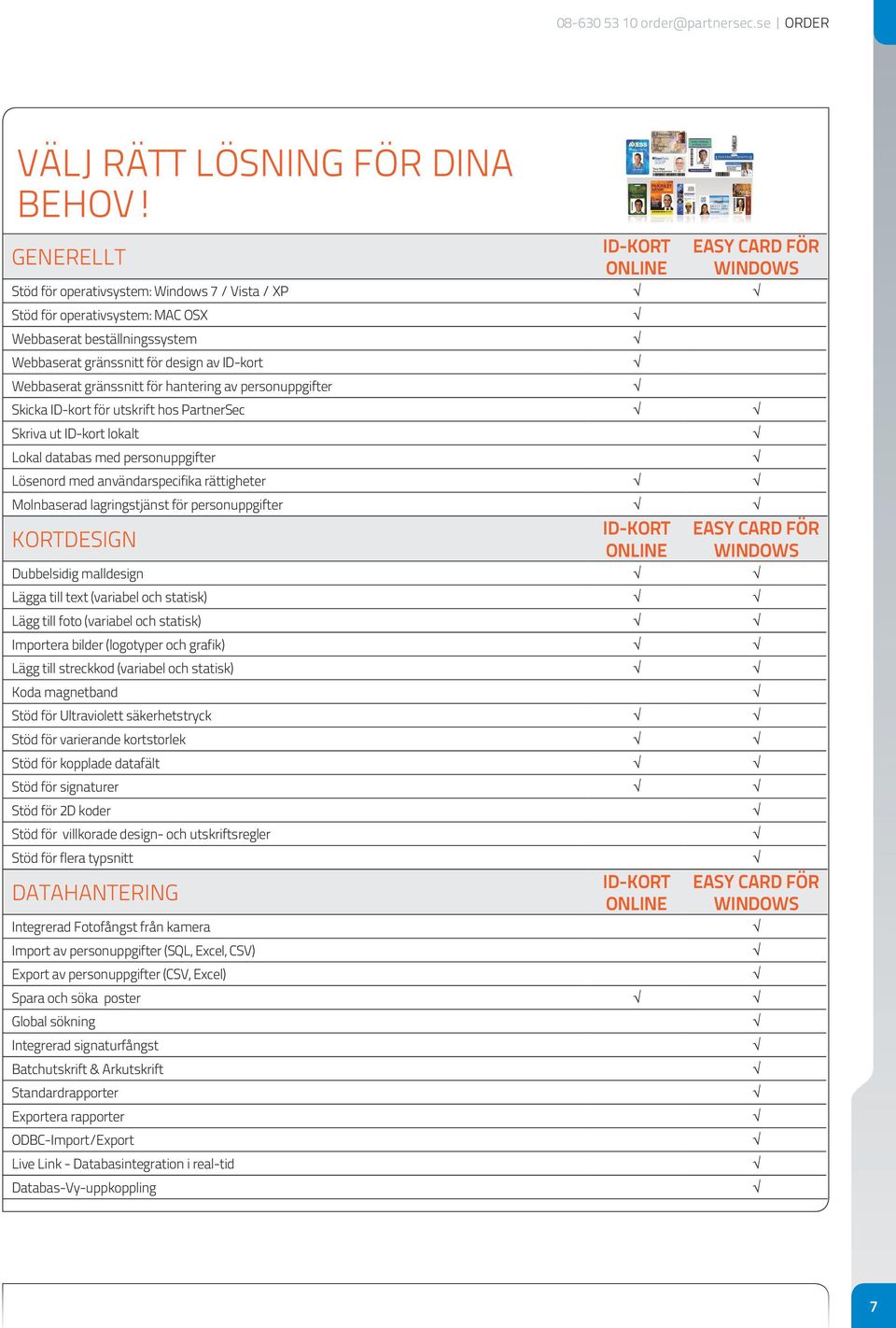 ID-kort Webbaserat gränssnitt för hantering av personuppgifter Skicka ID-kort för utskrift hos PartnerSec Skriva ut ID-kort lokalt Lokal databas med personuppgifter Lösenord med användarspecifika