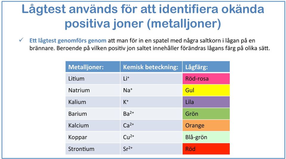 Beroende på vilken posi5v jon saltet innehåller förändras lågans färg på olika sä;.