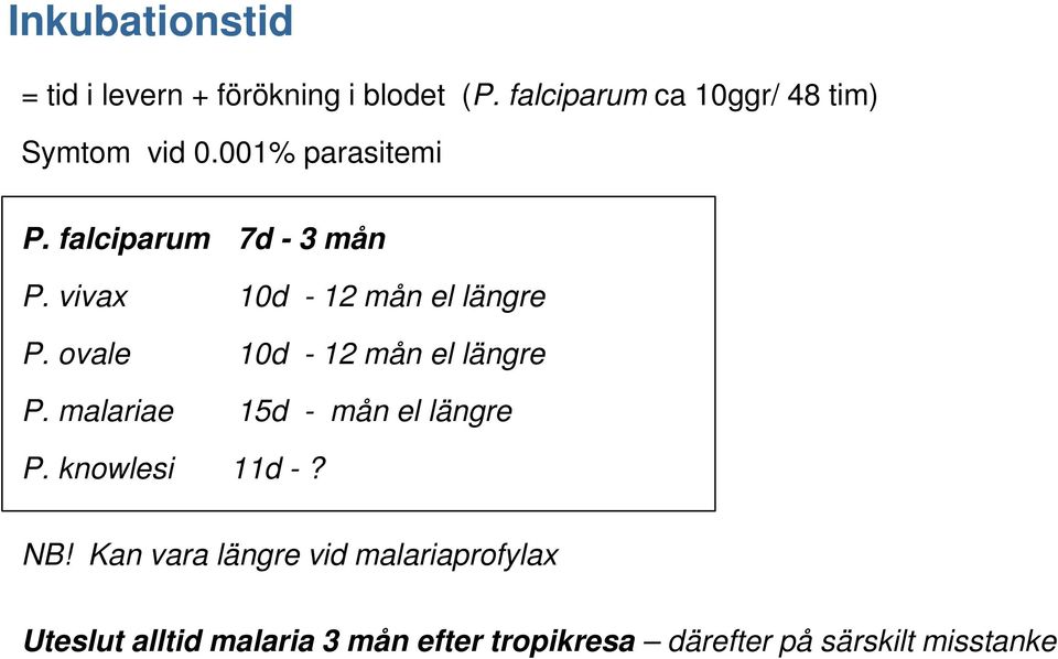 vivax 10d - 12 mån el längre P. ovale 10d - 12 mån el längre P.