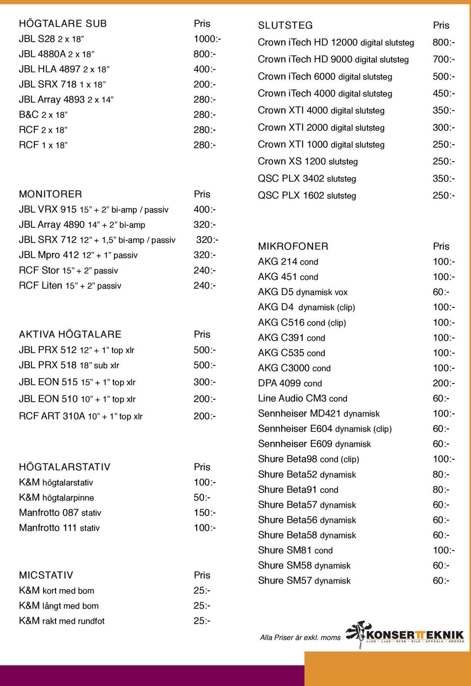 passiv 240:- AKTIVA HÖGTALARE JBL PRX 512 12 + 1 top xlr 500:- JBL PRX 518 18 sub xlr 500:- JBL EON 515 15 + 1 top xlr 300:- JBL EON 510 10 + 1 top xlr 200:- RCF ART 310A 10 + 1 top xlr 200:-