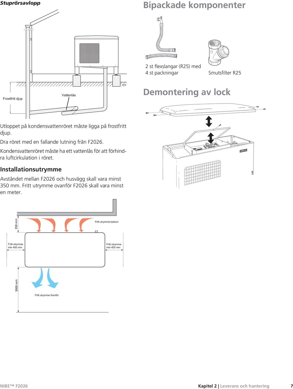 Kondensvattenröret måste ha ett vattenlås för att förhindra luftcirkulation i röret.