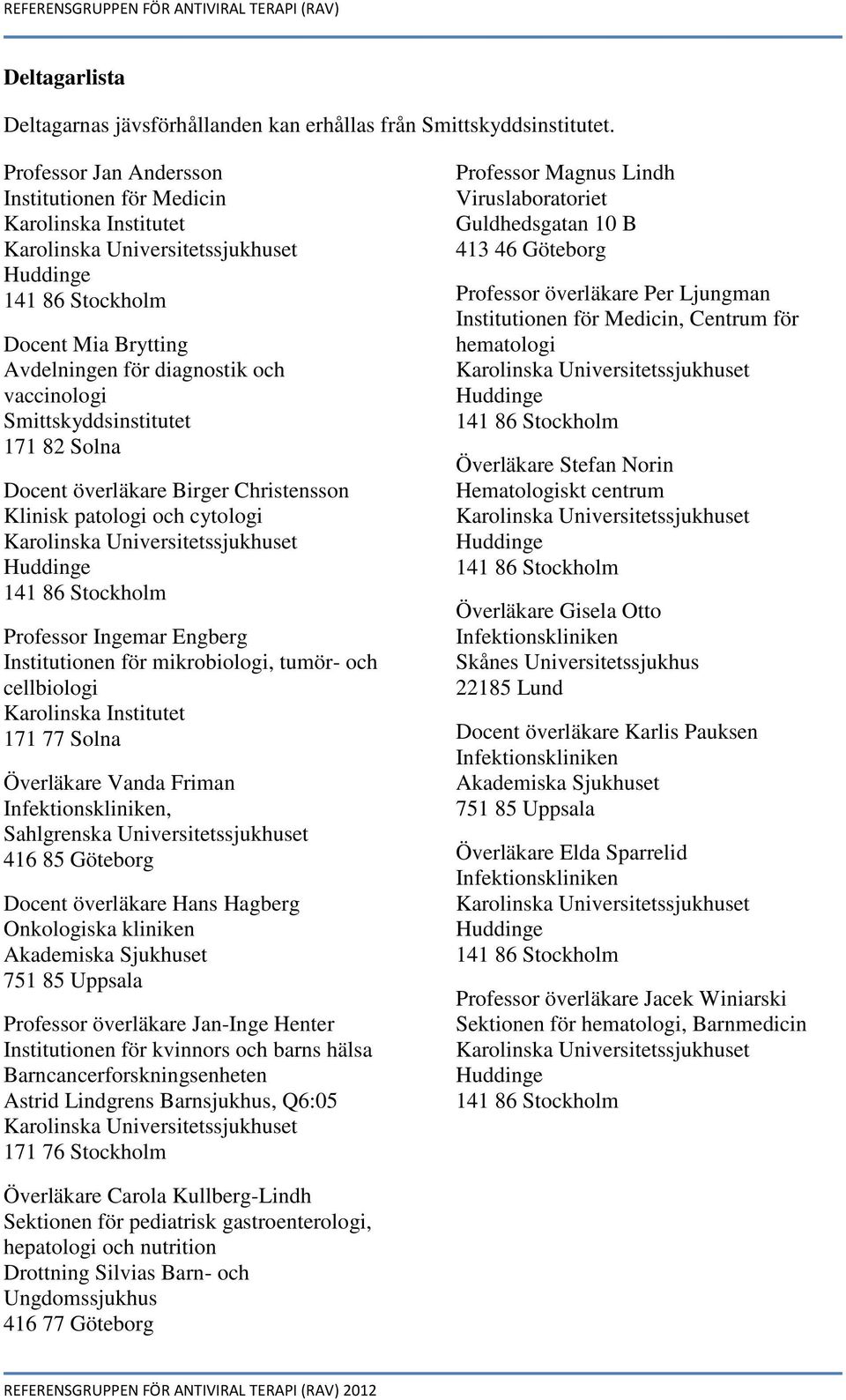 Smittskyddsinstitutet 171 82 Solna Docent överläkare Birger Christensson Klinisk patologi och cytologi Karolinska Universitetssjukhuset Huddinge 141 86 Stockholm Professor Ingemar Engberg