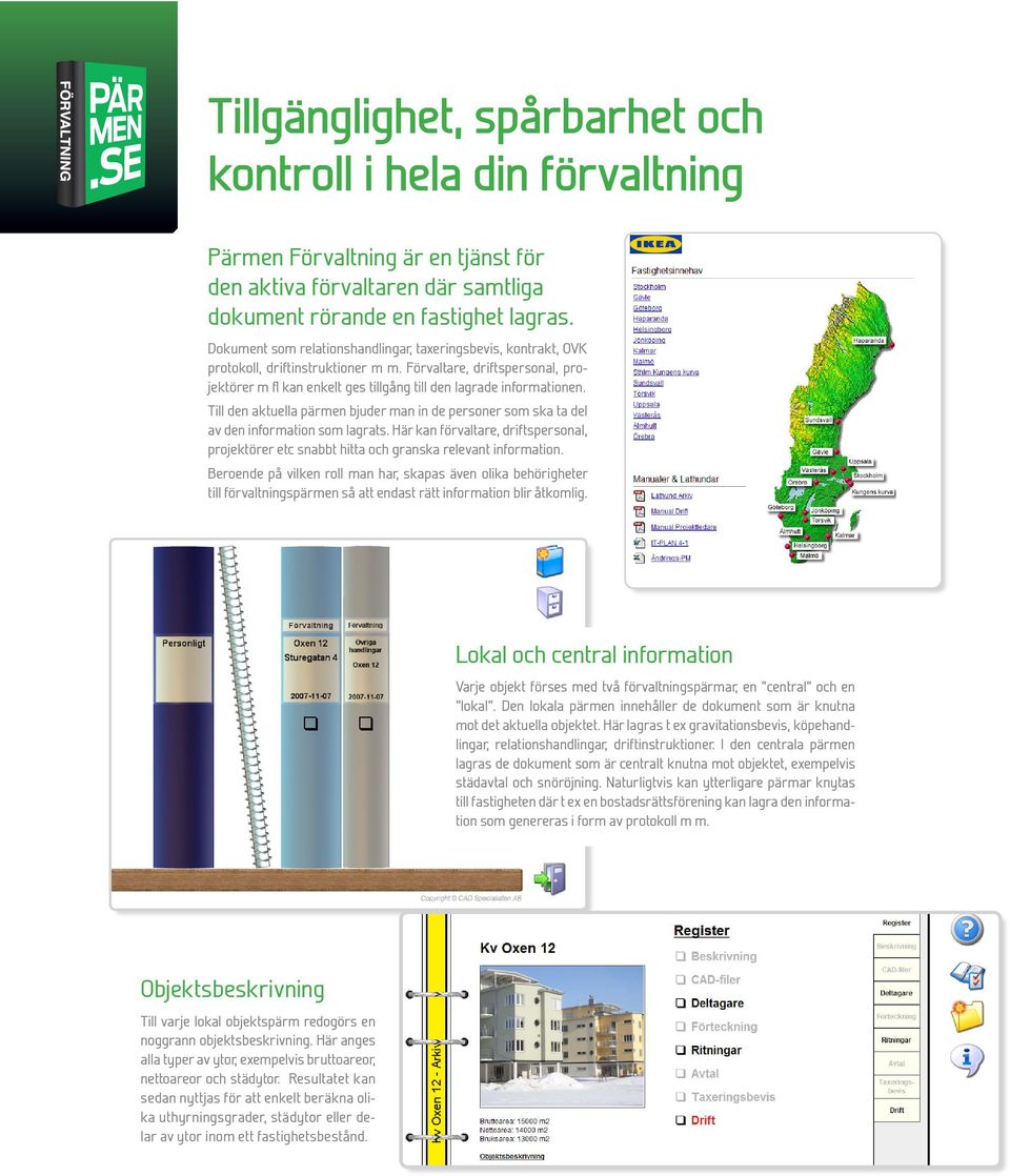 Till den aktuella pärmen bjuder man in de personer som ska ta del av den information som lagrats. Här kan förvaltare, driftspersonal, projektörer etc snabbt hitta och granska relevant information.