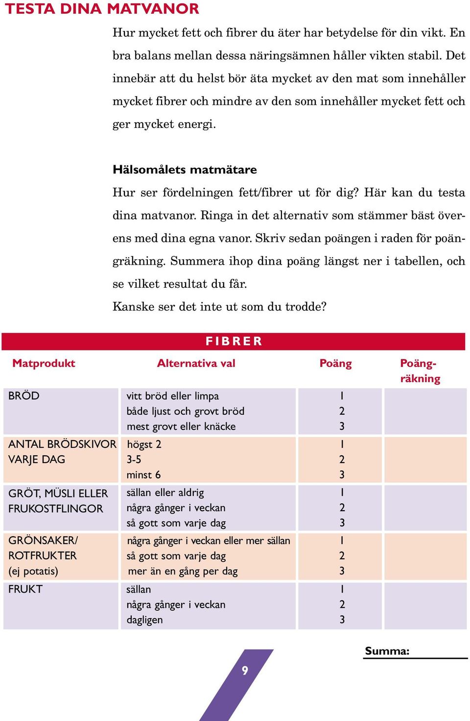 Hälsomålets matmätare Hur ser fördelningen fett/fibrer ut för dig? Här kan du testa dina matvanor. Ringa in det alternativ som stämmer bäst överens med dina egna vanor.