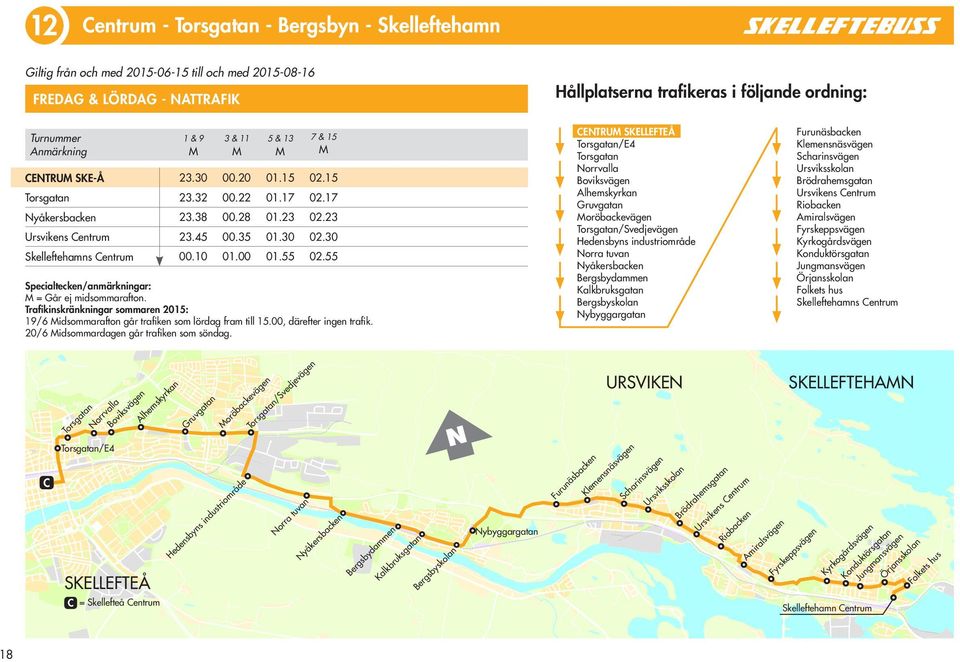 55 Specialtecken/anmärkningar: = Går ej midsommarafton. Trafikinskränkningar sommaren 2015: 19/6 idsommarafton går trafiken som lördag fram till 15.00, därefter ingen trafik.