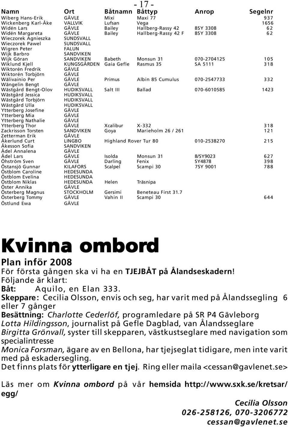KUNGSGÅRDEN Gaia Gefle Rasmus 35 SA 5111 318 Wiktorén Fredrik Wiktorén Torbjörn Wälivainio Per Primus Albin 85 Cumulus 070-2547733 332 Wängelin Bengt Wästgård Bengt-Olov Salt III Ballad 070-6010585