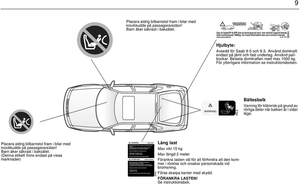 WARNING WL9 Bältesbalk Varning för klämrisk på grund av rörliga delar när balken är i olåst läge. Placera aldrig bilbarnstol fram i bilar med krockkudde på passagerarsidan!