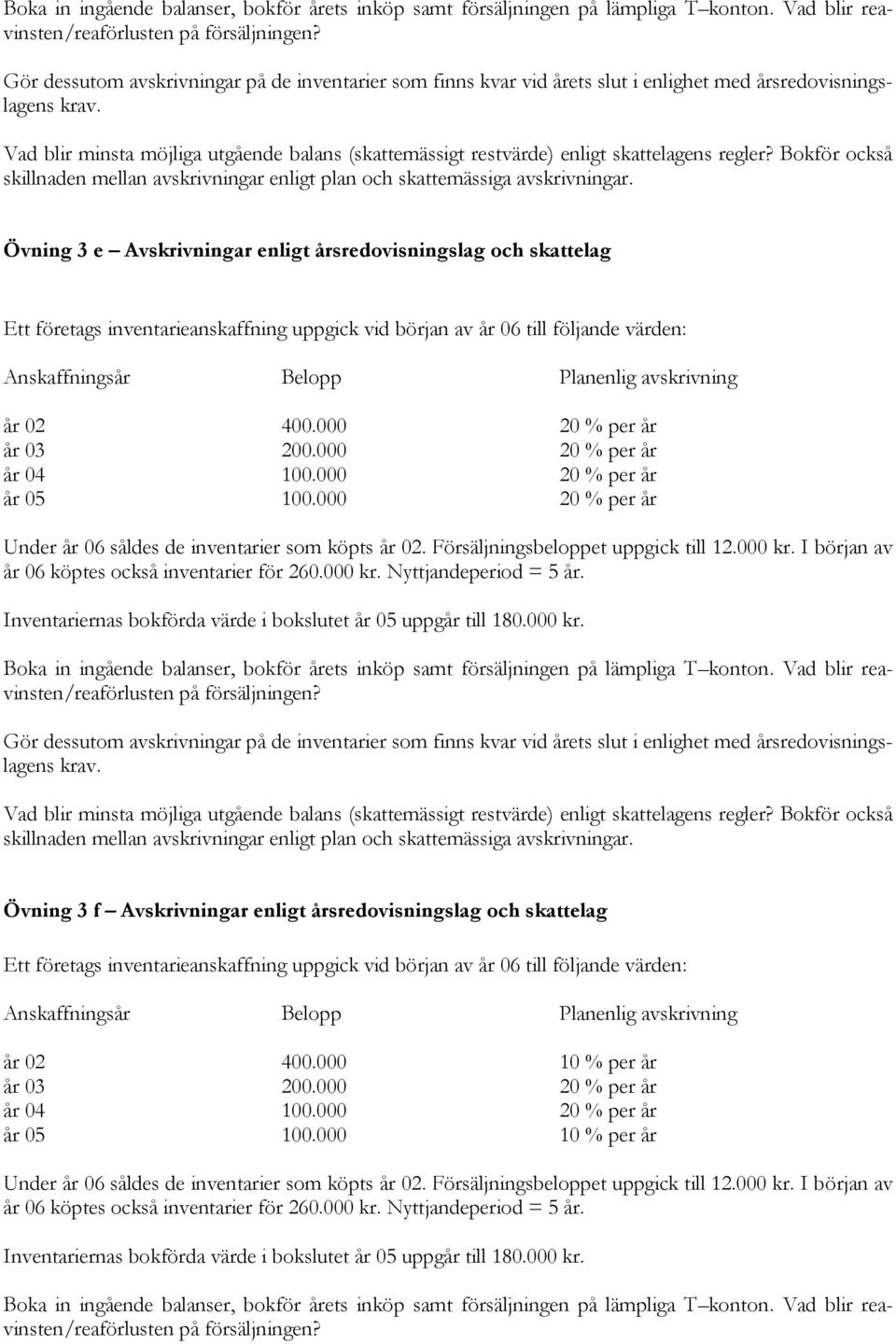 Vad blir minsta möjliga utgående balans (skattemässigt restvärde) enligt skattelagens regler? Bokför också skillnaden mellan avskrivningar enligt plan och skattemässiga avskrivningar.