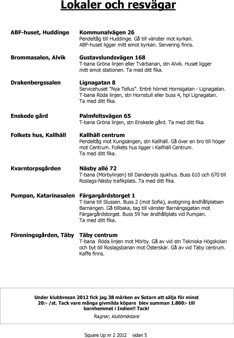Entré hörnet Hornsgatan - Lignagatan. T-bana Röda linjen, stn Hornstull eller buss 4, hpl Lignagatan. Ta med ditt fika. Enskede gård Palmfeltsvägen 65 T-bana Gröna linjen, stn Enskede gård.