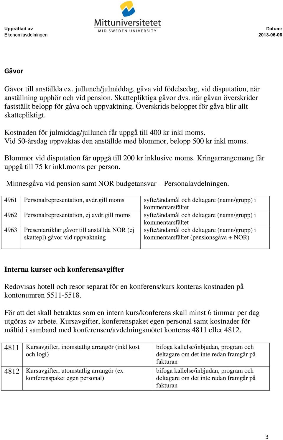 Vid 50-årsdag uppvaktas den anställde med blommor, belopp 500 kr inkl moms. Blommor vid disputation får uppgå till 200 kr inklusive moms. Kringarrangemang får uppgå till 75 kr inkl.moms per person.