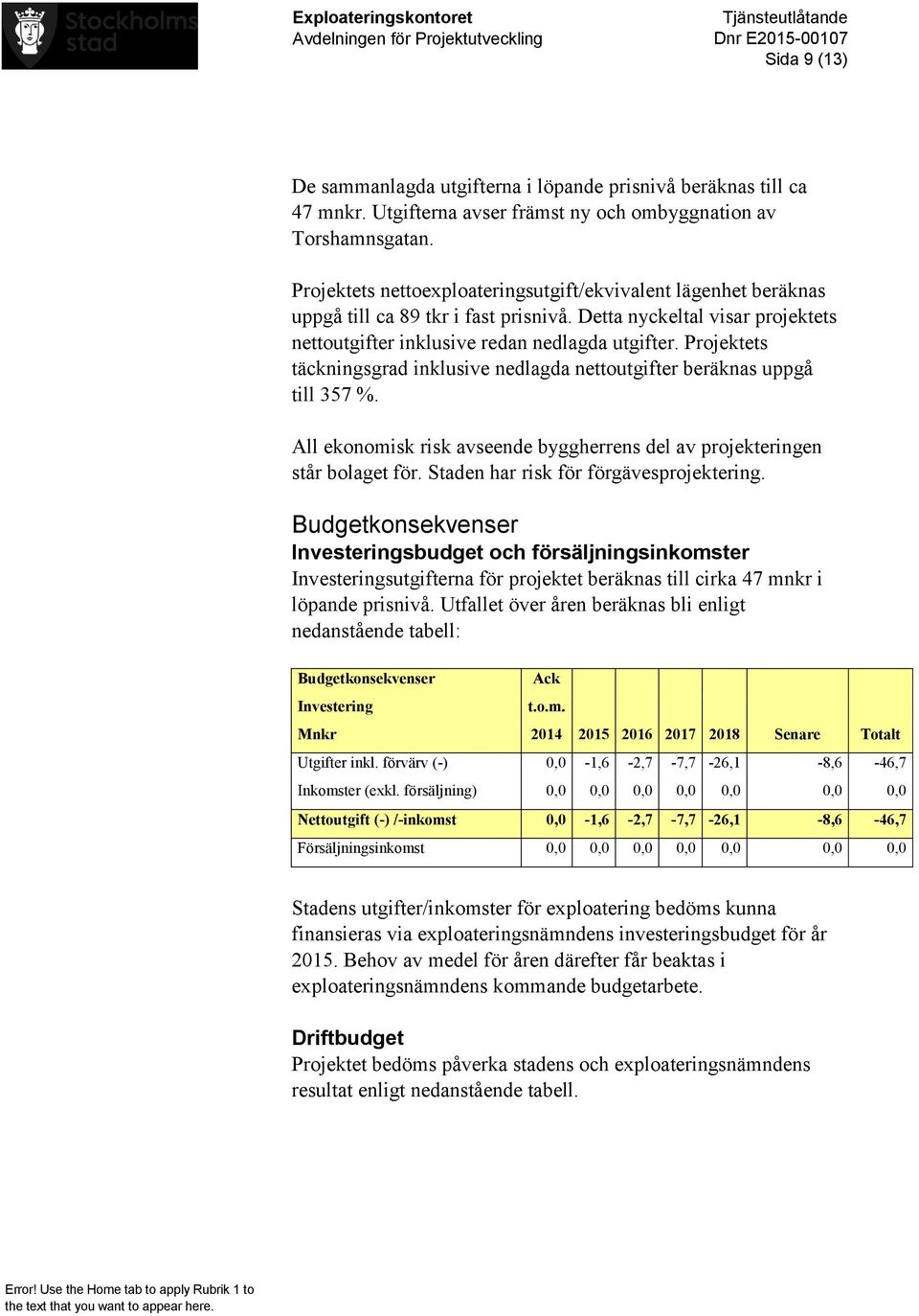 Projektets täckningsgrad inklusive nedlagda nettoutgifter beräknas uppgå till 357 %. All ekonomisk risk avseende byggherrens del av projekteringen står bolaget för.