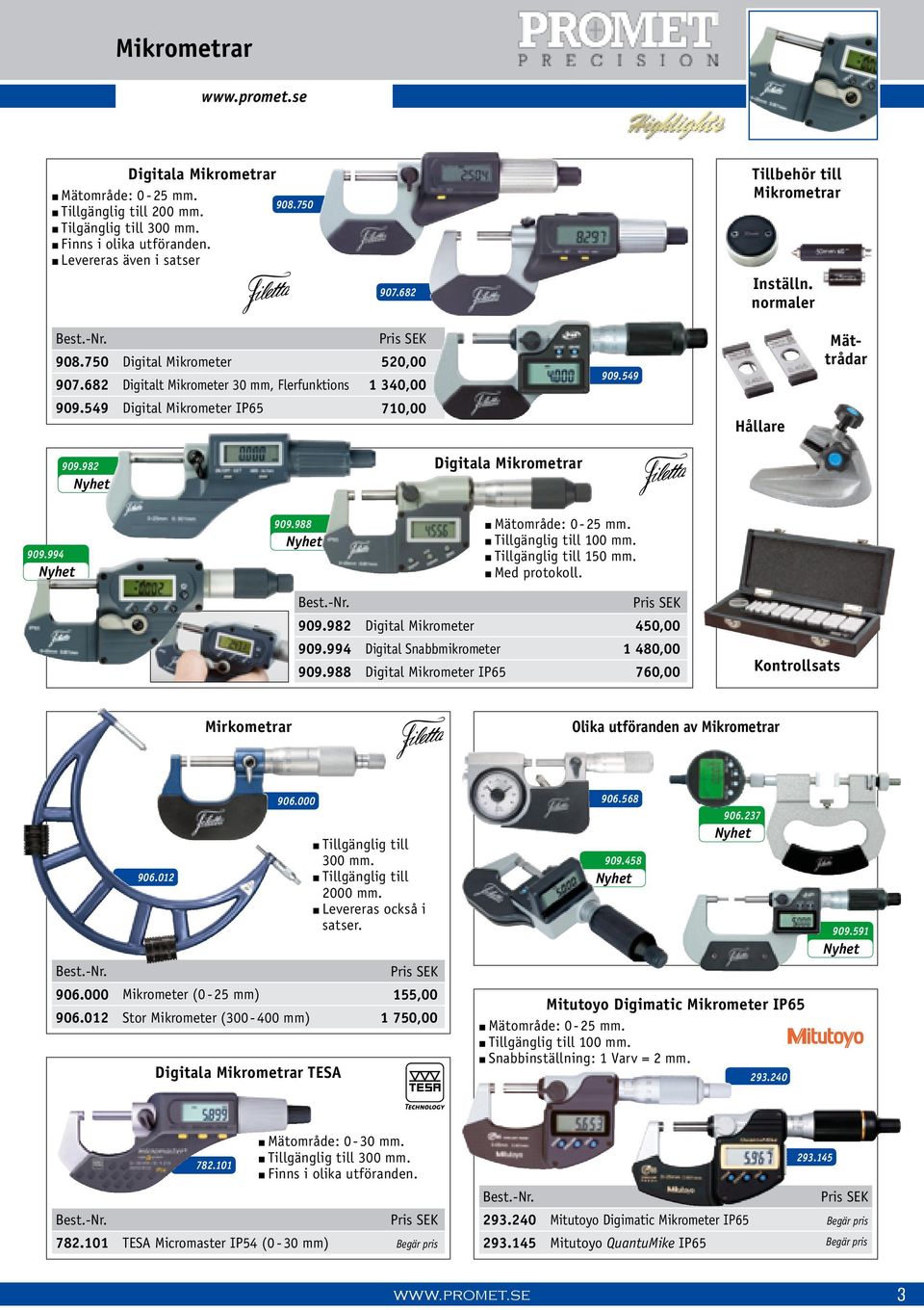 549 Hållare Mättrådar 909.982 Digitala Mikrometrar 909.994 909.