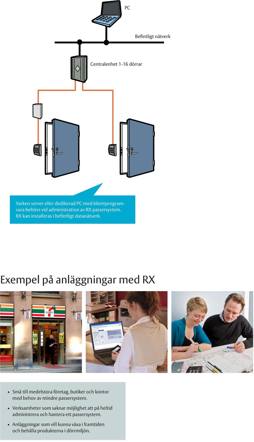 Exempel på anläggningar med RX Små till medelstora företag, butiker och kontor med behov av mindre passersystem.