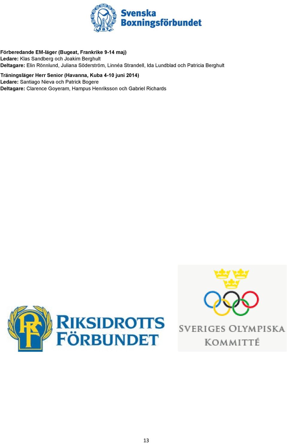 Patricia Berghult Träningsläger Herr Senior (Havanna, Kuba 4-10 juni 2014) Ledare: