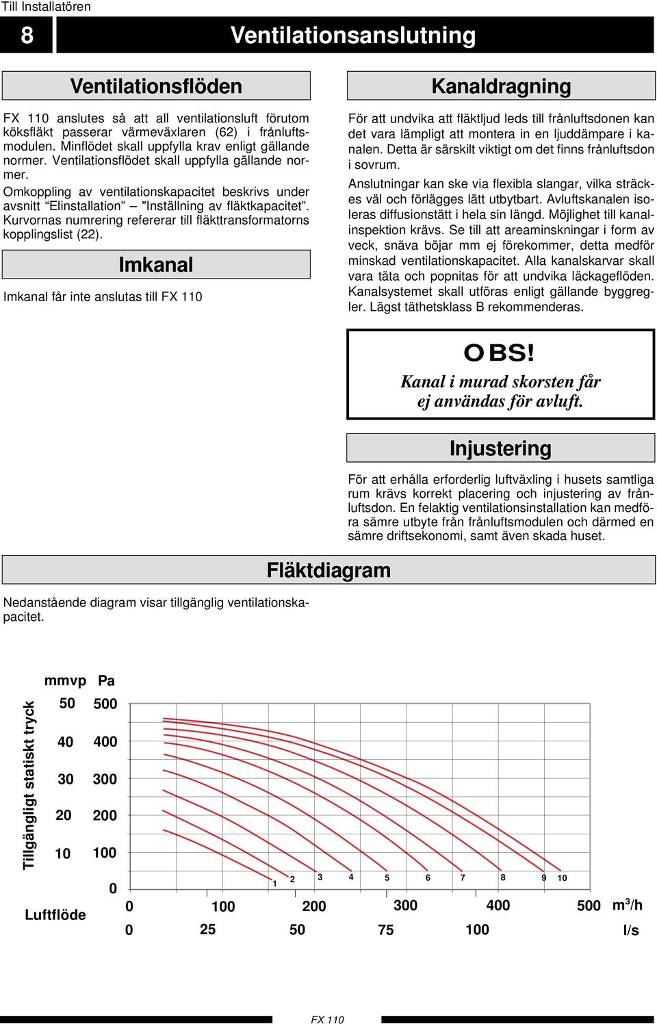 Omkoppling av ventilationskapacitet beskrivs under avsnitt Elinstallation "Inställning av fläktkapacitet. Kurvornas numrering refererar till fläkttransformatorns kopplingslist (22).