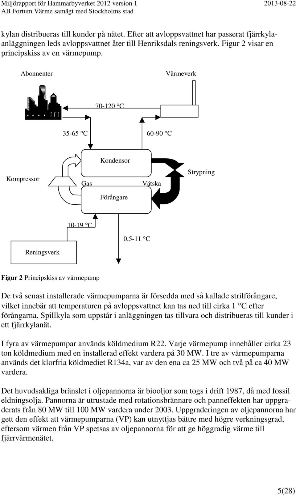 Abonnenter Värmeverk 70-120 C 35-65 C 60-90 C Kondensor Kompressor Gas Vätska Strypning Förångare 10-19 C 0,5-11 C Reningsverk Figur 2 Principskiss av värmepump De två senast installerade