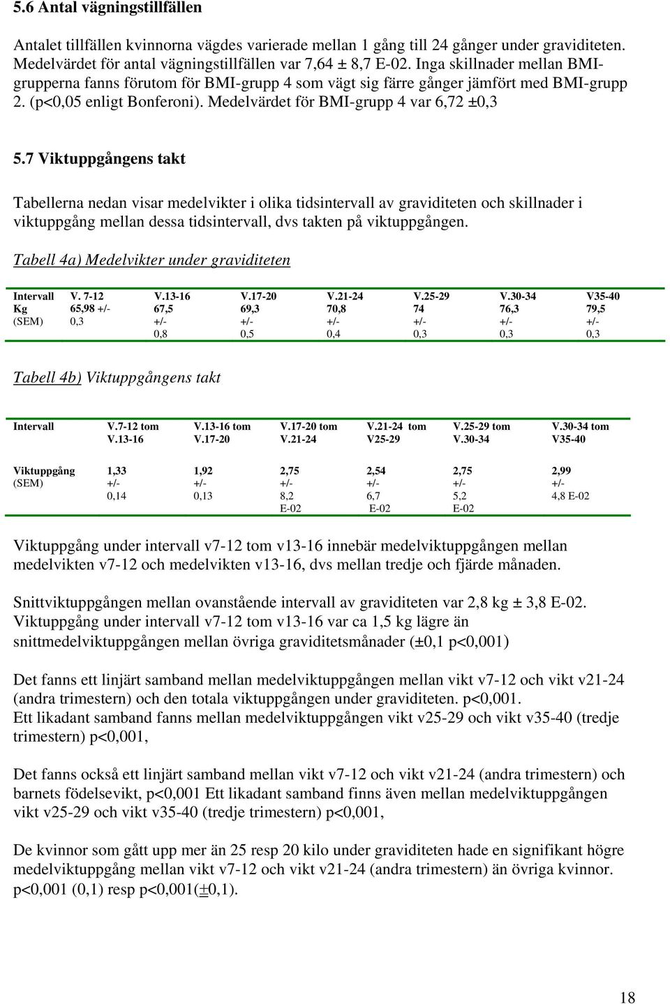 7 Viktuppgångens takt Tabellerna nedan visar medelvikter i olika tidsintervall av graviditeten och skillnader i viktuppgång mellan dessa tidsintervall, dvs takten på viktuppgången.