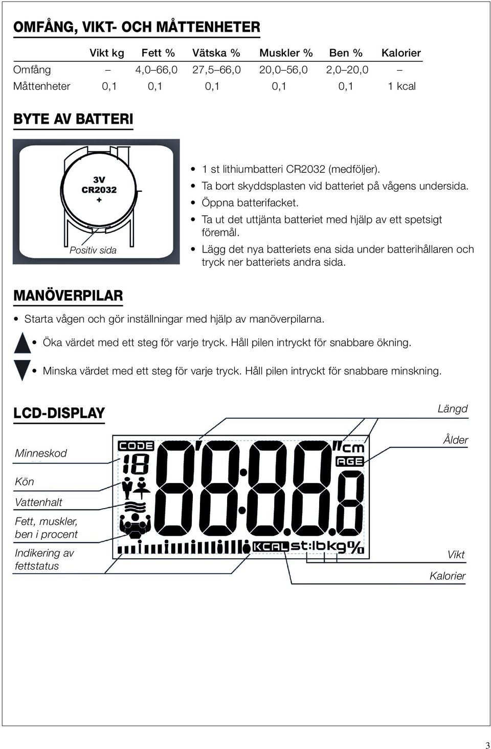 Lägg det nya batteriets ena sida under batterihållaren och tryck ner batteriets andra sida. MANÖVERPILAR Starta vågen och gör inställningar med hjälp av manöverpilarna.