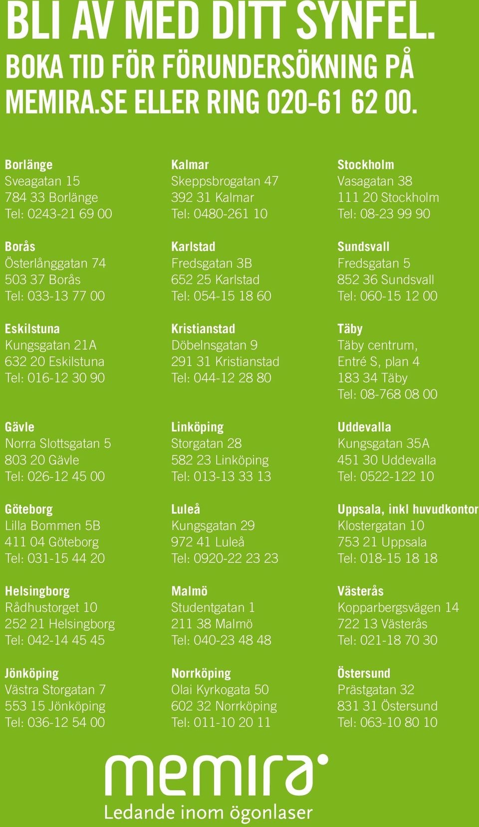 803 20 Gävle Tel: 026-12 45 00 Göteborg Lilla Bommen 5B 411 04 Göteborg Tel: 031-15 44 20 Helsingborg Rådhustorget 10 252 21 Helsingborg Tel: 042-14 45 45 Jönköping Västra Storgatan 7 553 15