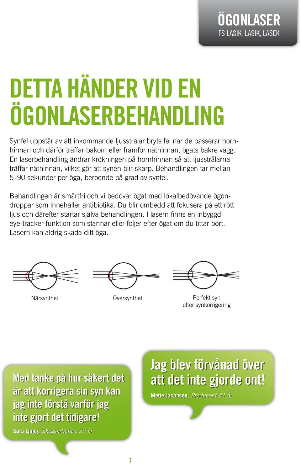 Behandlingen tar mellan 5 90 sekunder per öga, beroende på grad av synfel. Behandlingen är smärtfri och vi bedövar ögat med lokalbedövande ögondroppar som innehåller antibiotika.