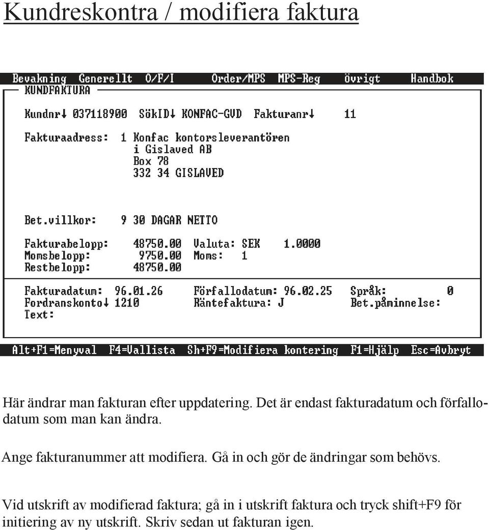 Ange fakturanummer att modifiera. Gå in och gör de ändringar som behövs.