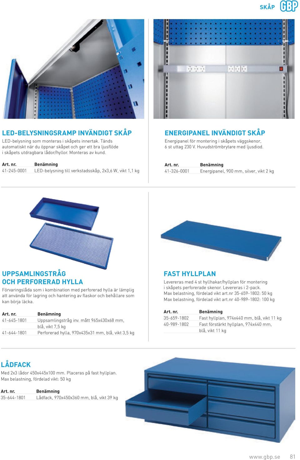 41-326-0001 Energipanel, 900 mm, silver, vikt 2 kg UPPSAMLINGSTRÅG OCH PERFORERAD HYLLA Förvaringslåda som i kombination med perforerad hylla är lämplig att använda för lagring och hantering av
