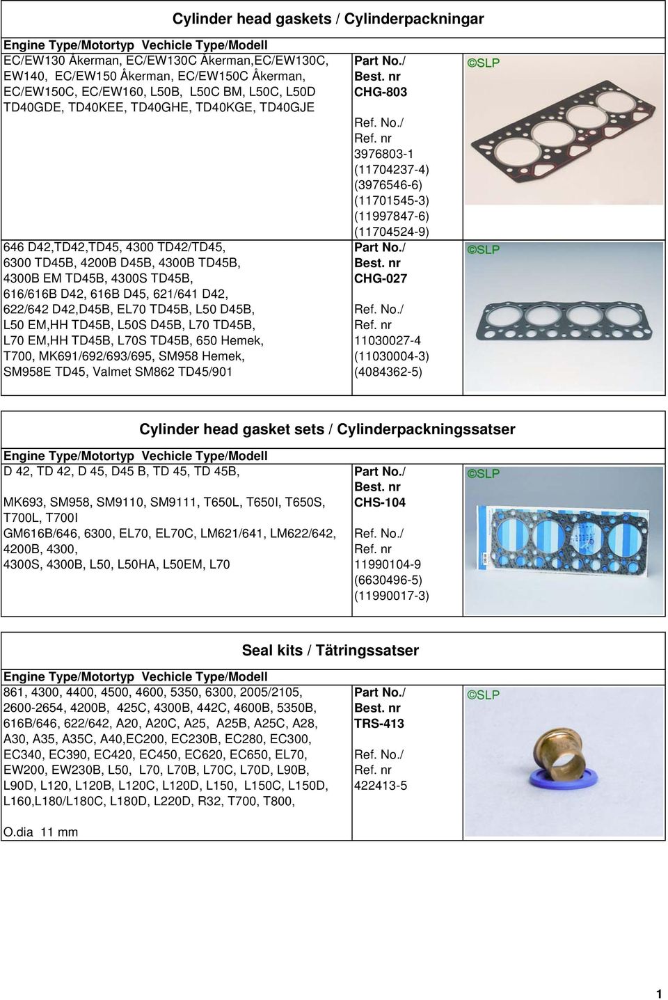 D45B, L50 EM,HH TD45B, L50S D45B, L70 TD45B, L70 EM,HH TD45B, L70S TD45B, 650 Hemek, T700, MK691/692/693/695, SM958 Hemek, SM958E TD45, Valmet SM862 TD45/901 CHG-803 3976803-1 (11704237-4)