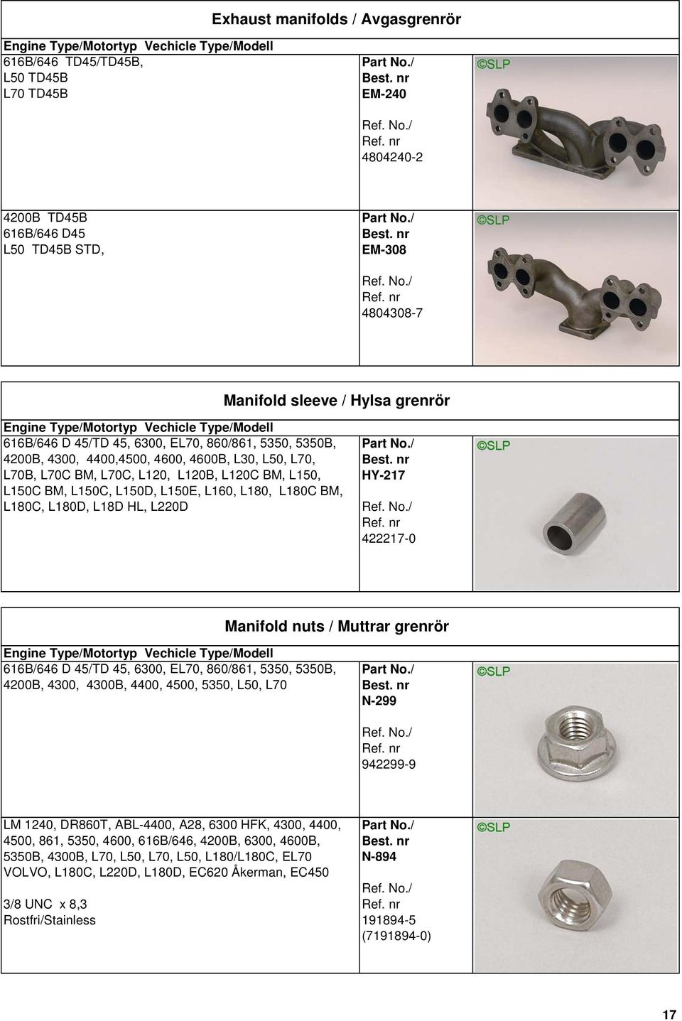 L180D, L18D HL, L220D HY-217 422217-0 Manifold nuts / Muttrar grenrör 616B/646 D 45/TD 45, 6300, EL70, 860/861, 5350, 5350B, 4200B, 4300, 4300B, 4400, 4500, 5350, L50, L70 N-299 942299-9 LM 1240,