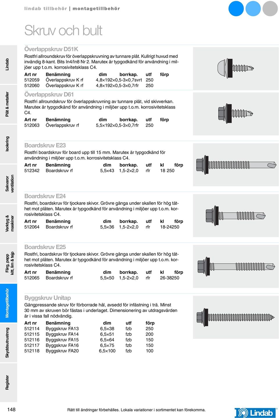 512059 Överlappskruv K rf 4,8 192 0,5-3 0,7svrt 250 512060 Överlappskruv K rf 4,8 192 0,5-3 0,7rfr 250 Överlappskruv D61 Rostfri allroundskruv för överlappskruvning av tunnare plåt, vid skivverkan.